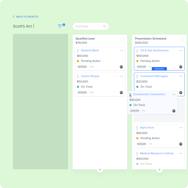 Sales pipeline view showing deal stages, values, and statuses across columns