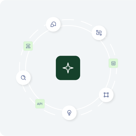 Central star icon surrounded by circular feature icons for search, API, docs, and workflows