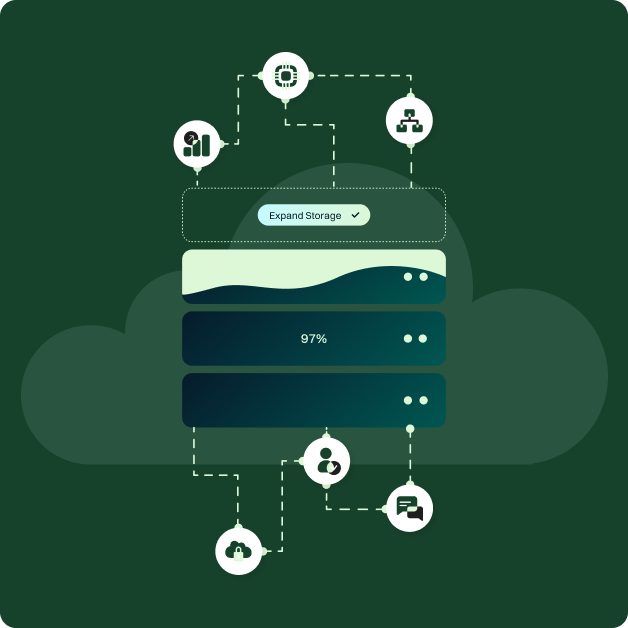 Cloud storage graphic with workflow icons and an expand storage action selected