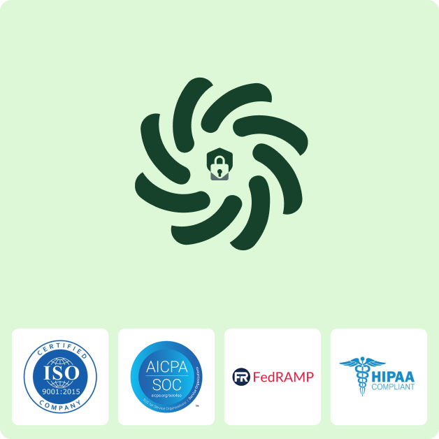 Kizen swirl with a lock icon above ISO, SOC, FedRAMP, and HIPAA compliance badges