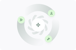 A circular motion of three icons moving to represent context, action and learning in AI