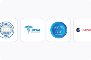 Compliance logos showing ISO 27001, HIPPA, SOC 2 Type II and FedRAMP