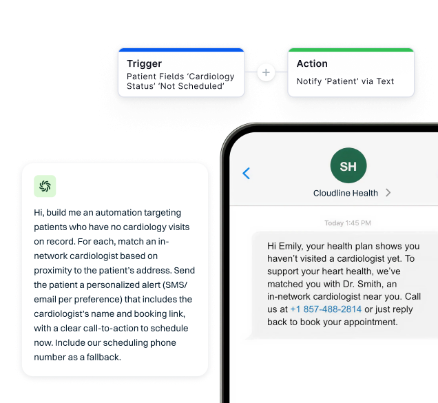 A prompt to AI to build an automation that send patients texts about specific information and an iphone showing that text