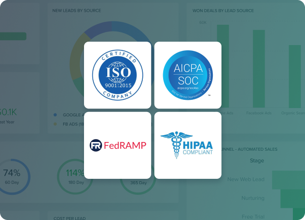 Badges showing ISO 9001, AICPA SOC, FedRAMP, and HIPAA compliance certifications over a dashboard background