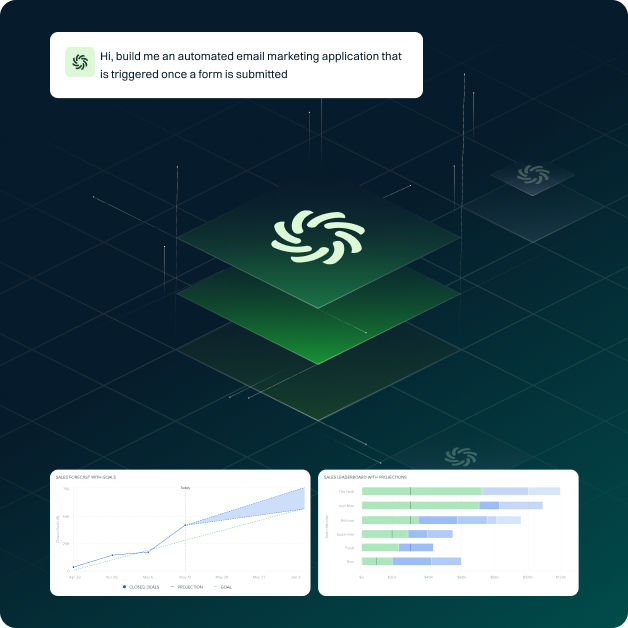 AI request to build an automated email marketing app with layered Kizen graphic and charts