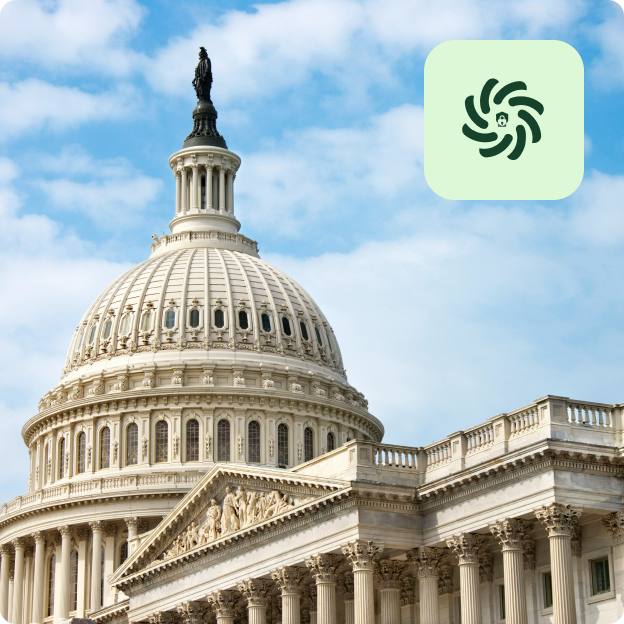 US Capitol dome with a security-themed Kizen icon overlay