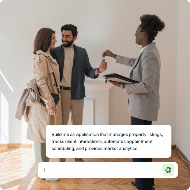 Real estate agent handing keys to a couple with AI request for a property management app